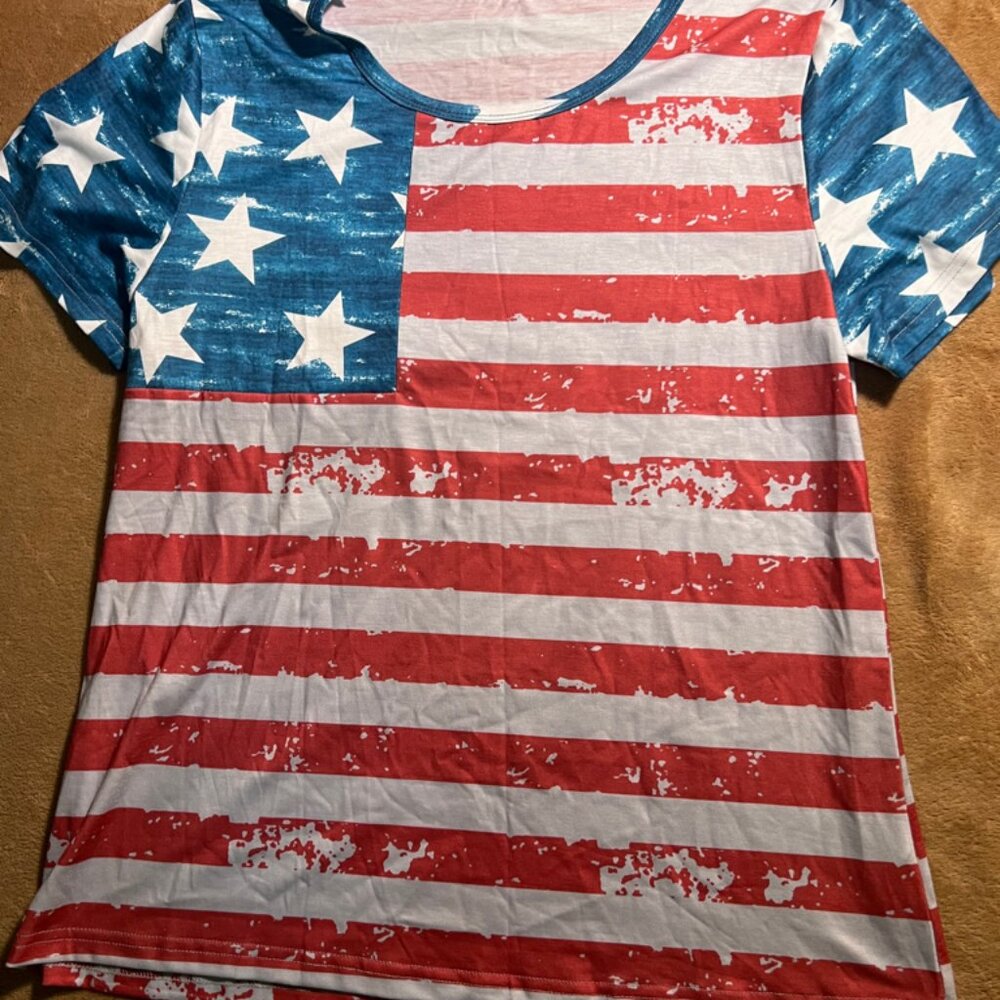 American Flag Women Large Crew Neck USA Patriot Star Stripe Short Sleeve Shirt